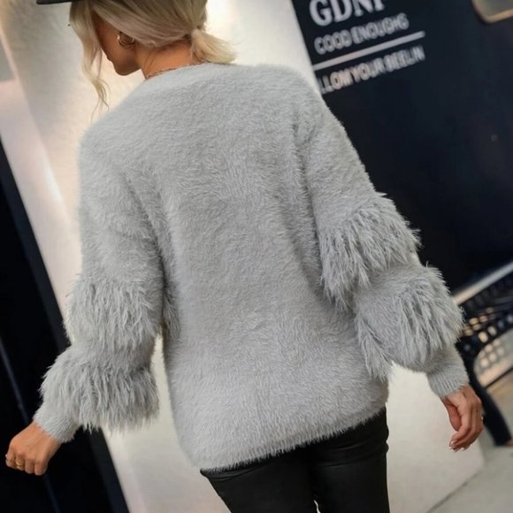 Fringe Trim soft comfy  Fuzzy Knit Sweater Top Gray - Picture 2 of 7